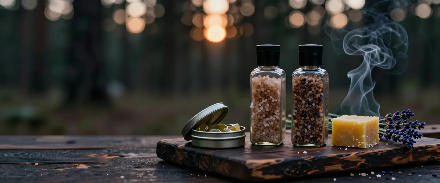 Jars of smoked salt and tins of body balm on a charred wooden board